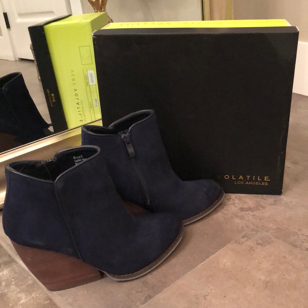 Very Volatile-Blue suede bootie with stacked wedge